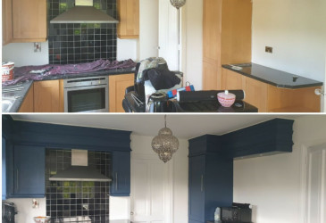 An image of a kitchen before and after we painted it