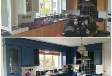 An image of a kitchen before and after we painted it