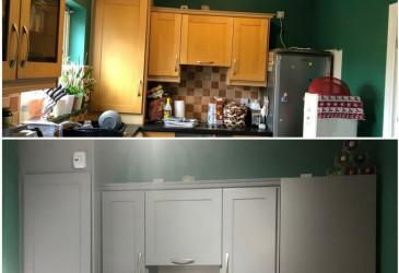 An image of a kitchen before and after we painted it